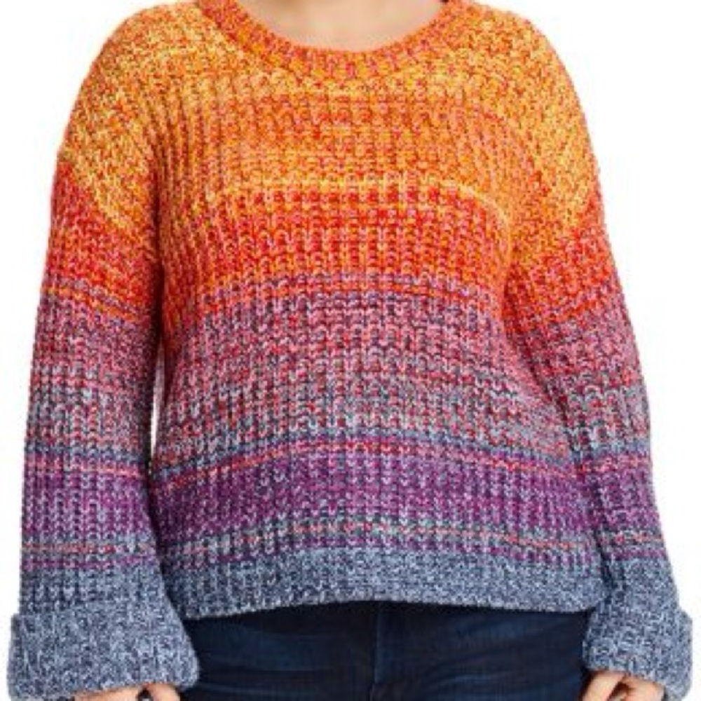 Aqua Orange and Purple Crew Neck Sweater with Gradient Design